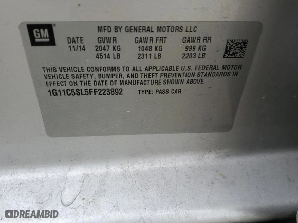 2015 Chevrolet Malibu LT with VIN 1G11C5SL5FF223892, listed as a Copart auction lot 45745265 with 146,057 mi miles and Salvage Title. Bid and sale history available at carsss.com. Image 14.