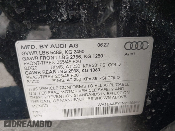 2022 Audi Q5 S line Premium Plus with VIN WA1EAAFY4N2139947, listed as a IAAI auction lot 41631689 with 40,746 mi miles and . Bid and sale history available at DreamBid. Image 9.
