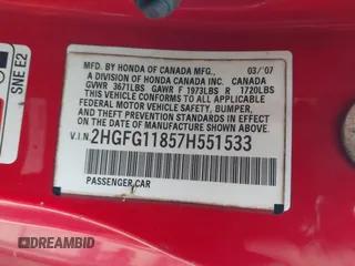 2007 Honda Civic Cpe EX with VIN 2HGFG11857H551533, listed as a IAAI auction lot 41895067 with 295,363 mi miles. Bid and sale history available at carsss.com. Image 9.