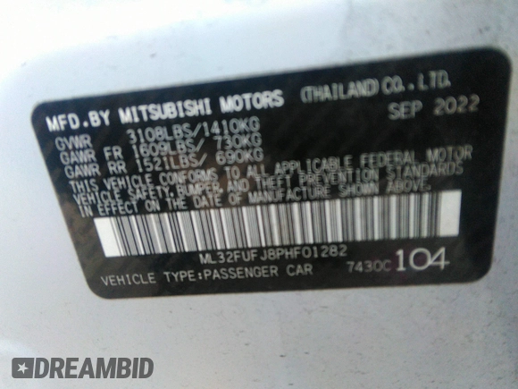 2023 Mitsubishi Mirage ES with VIN ML32FUFJ8PHF01282, listed as a IAAI auction lot 41256460 with 21,490 mi miles and . Bid and sale history available at DreamBid. Image 9.