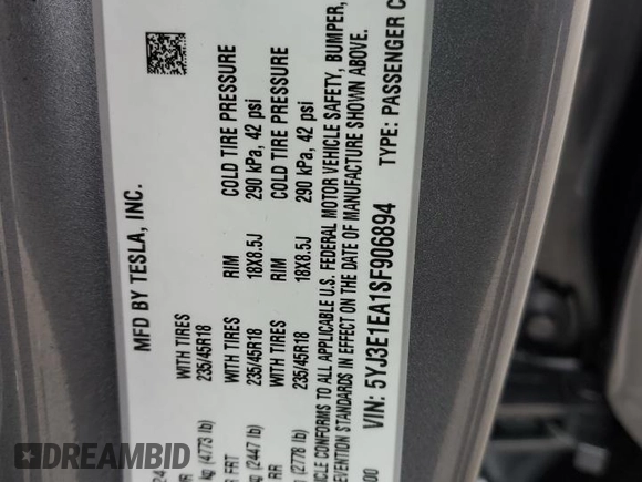 2025 Tesla Model 3 Long Range z VIN 5YJ3E1EA1SF906894, wystawiony jako Copart lot #49925085 z przebiegiem 3 477 mil mil oraz Szkoda całkowita • Salvage title. Historia ofert i sprzedaży dostępna na DreamBid. Obrazek 12.