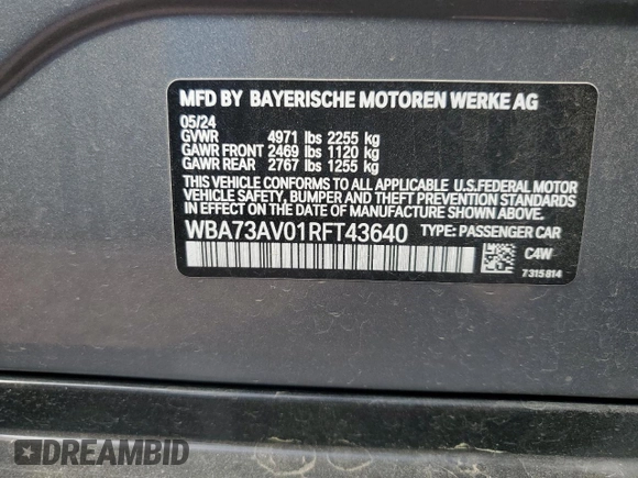 2024 BMW 4 Series 430i xDrive with VIN WBA73AV01RFT43640, listed as a Copart auction lot 51204795 with 15,630 mi miles and Clean Title. Bid and sale history available at carsss.com. Image 13.