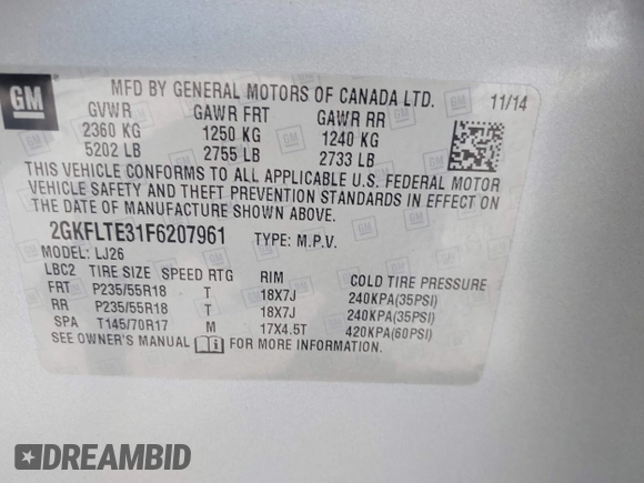 2015 GMC Terrain SLT with VIN 2GKFLTE31F6207961, listed as a IAAI auction lot 42481901 with 70,139 mi miles and . Bid and sale history available at DreamBid. Image 9.