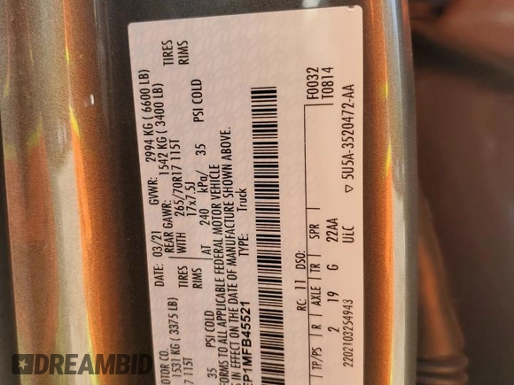 2021 Ford F-150 XL с VIN 1FTEW1EP1MFB45521, выставлен на аукционе Copart как лот 56739035 с пробегом 73 449 миль миль и Списание • Salvage title. История ставок и продаж доступна на DreamBid. Изображение 12.