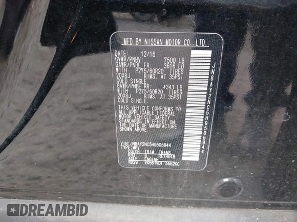 2017 Nissan Armada Platinum z VIN JN8AY2NC5H9505944, wystawiony jako IAAI lot #41904440 z przebiegiem Nie podano mil oraz . Historia ofert i sprzedaży dostępna na DreamBid. Obrazek 9.