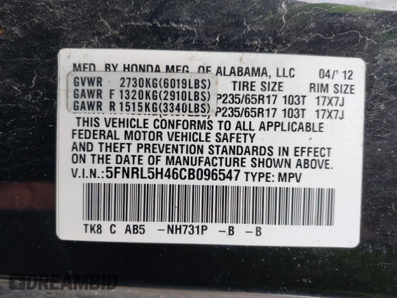 2012 Honda Odyssey EX with VIN 5FNRL5H46CB096547, listed as a IAAI auction lot 41919700 with 165,882 mi miles and . Bid and sale history available at carsss.com. Image 9.