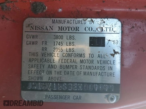 1984 Nissan 300ZX GS z VIN JN1HZ16S3EX004049, wystawiony jako Copart lot #47688245 z przebiegiem 121 060 mil mil oraz Czysty tytuł • Clean title. Historia ofert i sprzedaży dostępna na DreamBid. Obrazek 12.