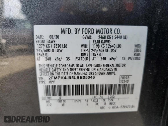 2020 Ford Edge SEL with VIN 2FMPK4J95LBB05046, listed as a Copart auction lot 89381465 with 146,730 mi miles and Clean Title. Bid and sale history available at carsss.com. Image 12.