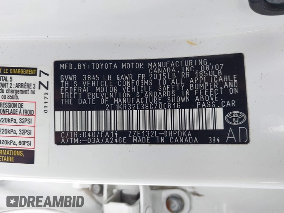 2008 Toyota Matrix STD with VIN 2T1KR32E38C700816, listed as a IAAI auction lot 41605638 with 134,615 mi miles and . Bid and sale history available at DreamBid. Image 9.