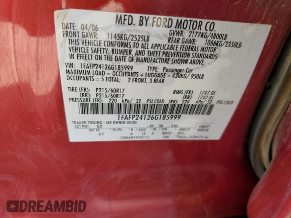 2006 Ford Five Hundred SEL with VIN 1FAFP24126G185999, listed as a Copart auction lot 76127404 with 167,624 mi miles and Salvage Title. Bid and sale history available at carsss.com. Image 12.