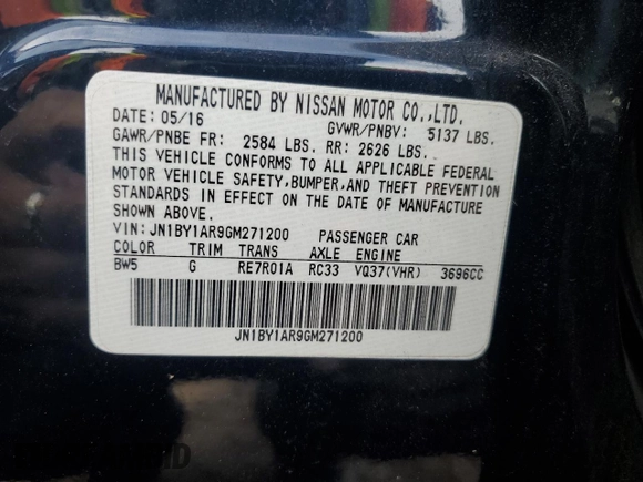 2016 Infiniti Q70 with VIN JN1BY1AR9GM271200, listed as a Copart auction lot 52926455 with 78,458 mi miles and Salvage Title. Bid and sale history available at carsss.com. Image 14.