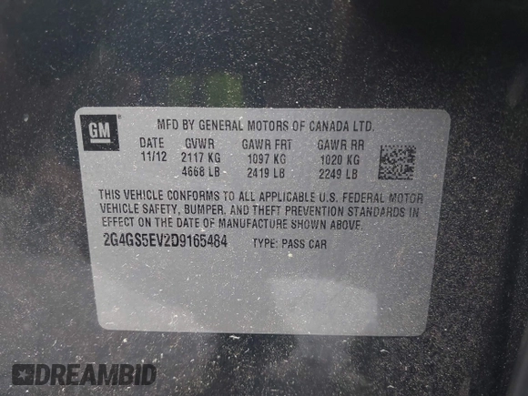 2013 Buick Regal Turbo Premium 1 with VIN 2G4GS5EV2D9165484, listed as a IAAI auction lot 42200767 with 175,885 mi miles and . Bid and sale history available at DreamBid. Image 9.