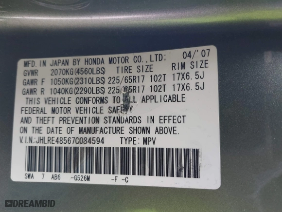 2007 Honda CR-V EX with VIN JHLRE48567C084594, listed as a IAAI auction lot 41392646 with 143,786 mi miles. Bid and sale history available at carsss.com. Image 9.
