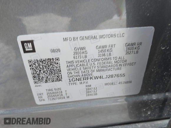 2020 Chevrolet Traverse LS with VIN 1GNERFKW4LJ287655, listed as a IAAI auction lot 41639412 with 59,065 mi miles and . Bid and sale history available at DreamBid. Image 9.