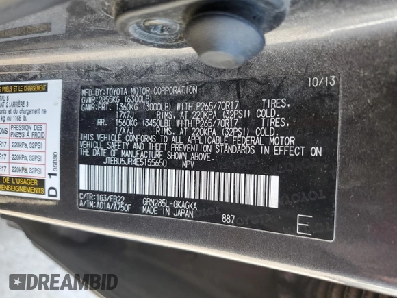 2014 Toyota 4Runner Limited with VIN JTEBU5JR4E5155650, listed as a Copart auction lot 46873815 with 215,491 mi miles and Non repairable. Bid and sale history available at DreamBid. Image 13.
