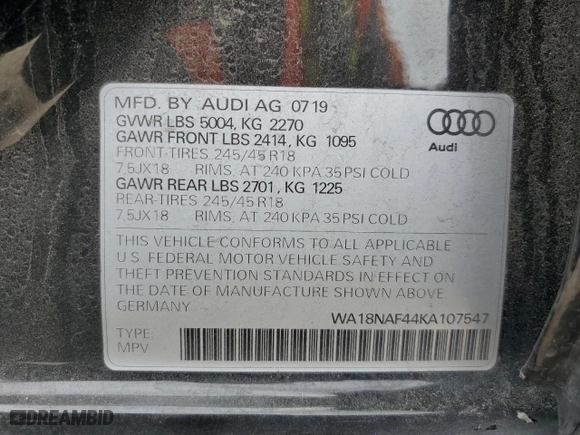 2019 Audi A4 allroad Premium Plus with VIN WA18NAF44KA107547, listed as a Copart auction lot 46144354 with 52,832 mi miles. Bid and sale history available at carsss.com. Image 13.