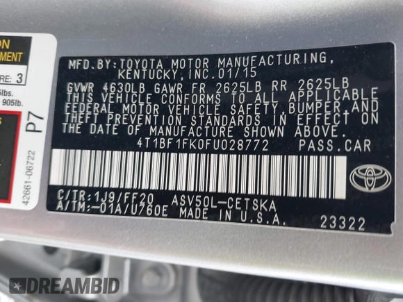 2015 Toyota Camry XLE with VIN 4T1BF1FK0FU028772, listed as a IAAI auction lot 42235029 with 75,285 mi miles and . Bid and sale history available at DreamBid. Image 9.