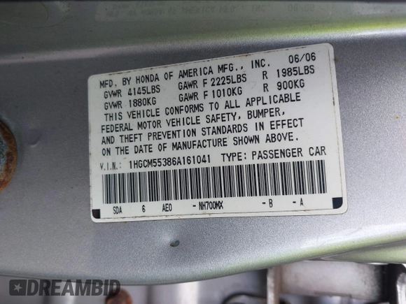 2006 Honda Accord LX SE with VIN 1HGCM55386A161041, listed as a IAAI auction lot 42597974 with 205,240 mi miles and . Bid and sale history available at DreamBid. Image 9.