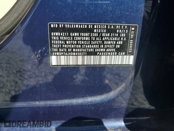 2013 Volkswagen Jetta Sedan SE with VIN 3VWDP7AJ4DM448271, listed as a Copart auction lot 49042095 with 103,210 mi miles and Salvage Title. Bid and sale history available at carsss.com. Image 13.