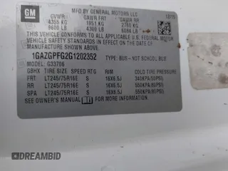 2016 Chevrolet Express Passenger LT with VIN 1GAZGPFG2G1202352, listed as a IAAI auction lot 41699012 with Not provided miles and . Bid and sale history available at DreamBid. Image 9.
