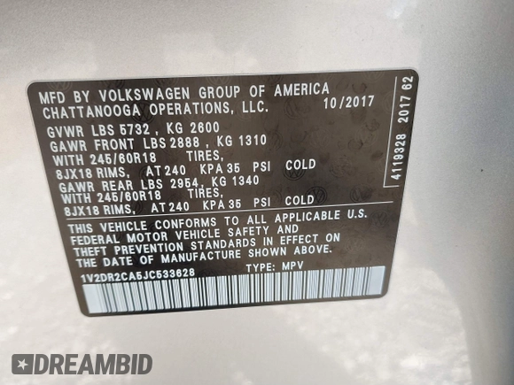 2018 Volkswagen Atlas SE with VIN 1V2DR2CA5JC533628, listed as a IAAI auction lot 40849747 with 109,838 mi miles and . Bid and sale history available at DreamBid. Image 9.