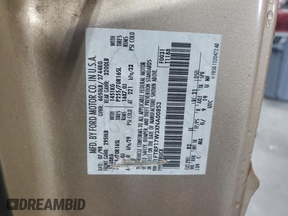 1999 Ford F-150 с VIN 1FTRF17W3XNA00853, выставлен на аукционе Copart как лот 56140625 с пробегом 343 280 миль миль и Списание • Salvage title. История ставок и продаж доступна на DreamBid. Изображение 12.