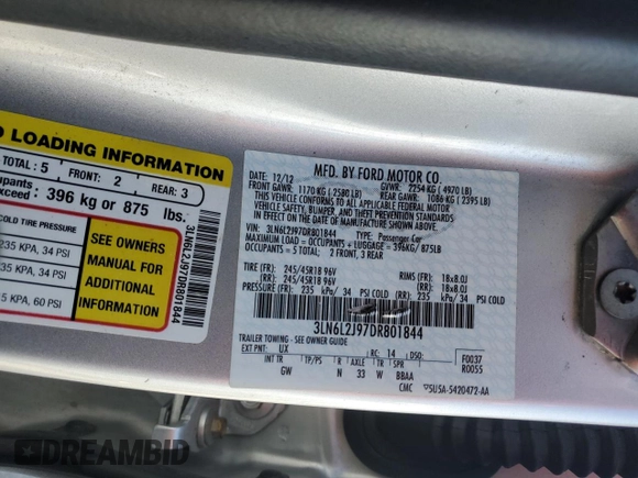 2013 Lincoln MKZ with VIN 3LN6L2J97DR801844, listed as a Copart auction lot 45958665 with 163,541 mi miles and Salvage Title. Bid and sale history available at DreamBid. Image 12.