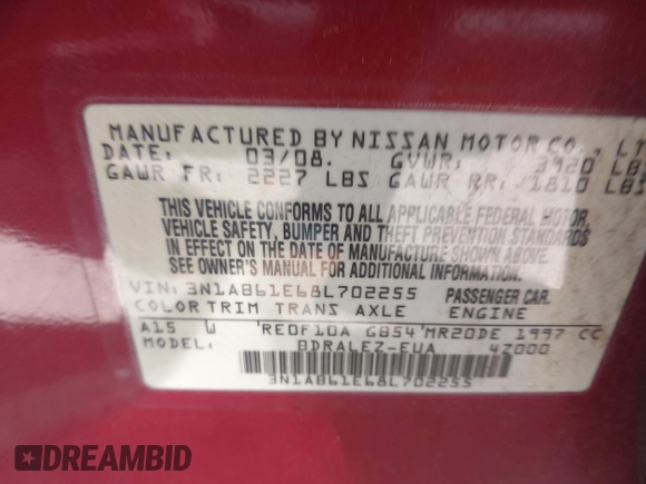 2008 Nissan Sentra S with VIN 3N1AB61E68L702255, listed as a IAAI auction lot 42046160 with 150,474 mi miles and . Bid and sale history available at DreamBid. Image 9.