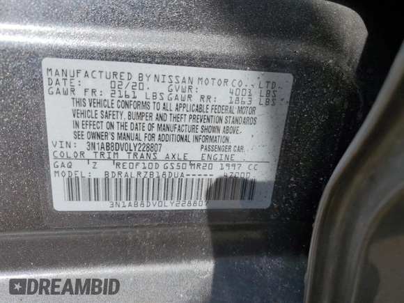 2020 Nissan Sentra SR with VIN 3N1AB8DV0LY228807, listed as a Copart auction lot 52566665 with 69,734 mi miles and Salvage Title. Bid and sale history available at DreamBid. Image 12.