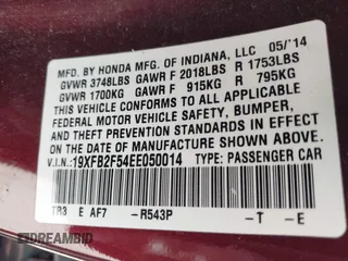 2014 Honda Civic LX with VIN 19XFB2F54EE050014, listed as a IAAI auction lot 42025589 with 245,299 mi miles and . Bid and sale history available at DreamBid. Image 9.