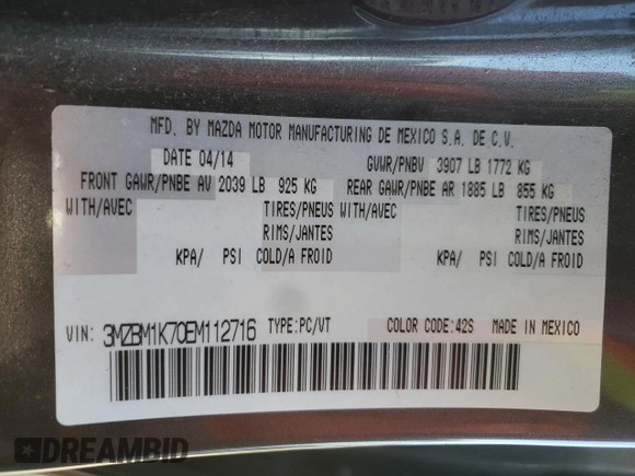 2014 Mazda 3 i Sport with VIN 3MZBM1K70EM112716, listed as a Copart auction lot 71755484 with 143,468 mi miles and Clean Title. Bid and sale history available at DreamBid. Image 12.