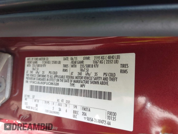 2015 Ford Escape Titanium с VIN 1FMCU9J93FUC86328, выставлен на аукционе IAAI как лот 42489826 с пробегом 213 146 миль миль и . История ставок и продаж доступна на DreamBid. Изображение 9.