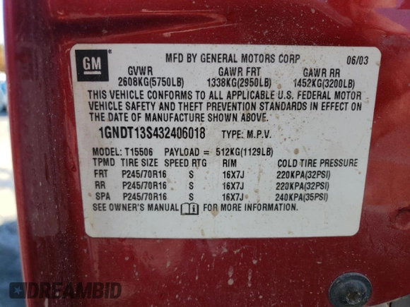 2003 Chevrolet TrailBlazer LTZ with VIN 1GNDT13S432406018, listed as a Copart auction lot 77605264 with 236,196 mi miles and Clean Title. Bid and sale history available at DreamBid. Image 14.
