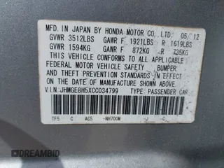 2012 Honda Fit Sport with VIN JHMGE8H5XCC034799, listed as a IAAI auction lot 41957184 with 86,373 mi miles. Bid and sale history available at carsss.com. Image 9.