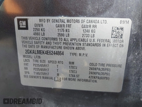 2014 GMC Terrain SLE with VIN 2GKALMEK4E6244864, listed as a IAAI auction lot 41981878 with 169,001 mi miles and . Bid and sale history available at DreamBid. Image 9.