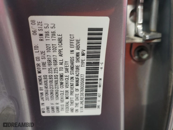 2008 Honda CR-V EX-L with VIN JHLRE38768C050877, listed as a Copart auction lot 52580445 with 215,621 mi miles and Salvage Title. Bid and sale history available at carsss.com. Image 13.