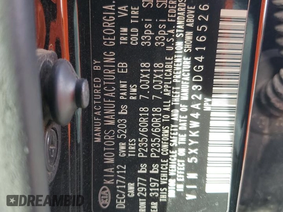 2013 Kia Sorento SX with VIN 5XYKW4A23DG416526, listed as a Copart auction lot 50945605 with 190,428 mi miles and Salvage Title. Bid and sale history available at carsss.com. Image 12.