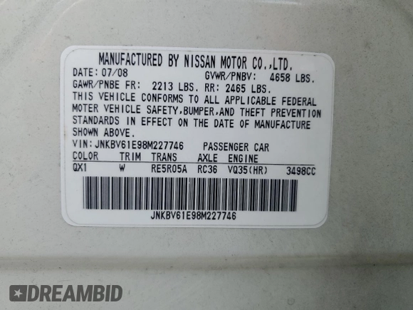 2008 Infiniti G35 Journey with VIN JNKBV61E98M227746, listed as a Copart auction lot 51307885 with 103,962 mi miles and Salvage Title. Bid and sale history available at DreamBid. Image 12.