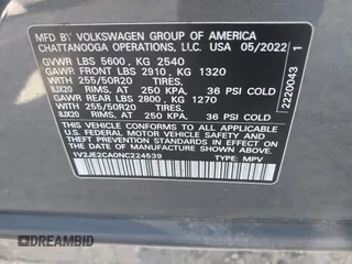 2022 Volkswagen Atlas SE with VIN 1V2JE2CA0NC224539, listed as a IAAI auction lot 42003758 with 59,363 mi miles and . Bid and sale history available at DreamBid. Image 9.