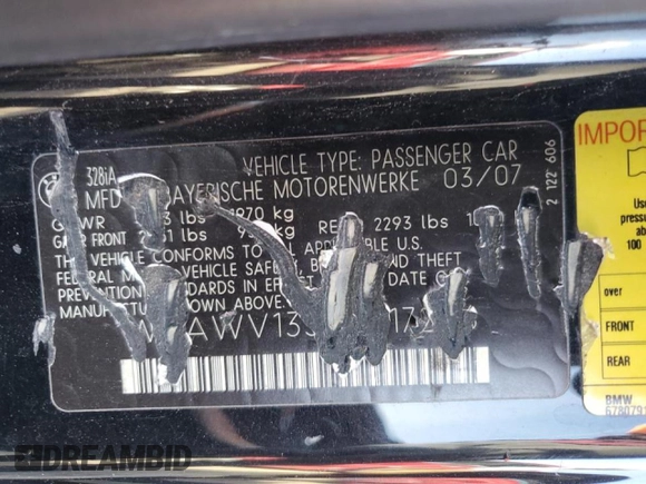 2007 BMW 3 Series 328i with VIN WBAWV13517P117206, listed as a Copart auction lot 86374474 with 183,900 mi miles and Salvage title. Bid and sale history available at DreamBid. Image 12.