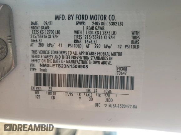 2022 Ford Transit Connect XL z VIN NM0LE7S23N1509908, wystawiony jako Copart lot #46860845 z przebiegiem 43 734 mil mil oraz Szkoda całkowita • Salvage title. Historia ofert i sprzedaży dostępna na DreamBid. Obrazek 14.
