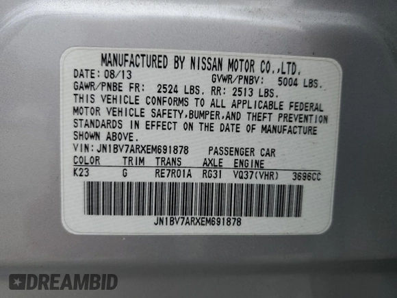 2014 Infiniti Q50 Premium with VIN JN1BV7ARXEM691878, listed as a Copart auction lot 56767475 with 151,257 mi miles and Clean title. Bid and sale history available at DreamBid. Image 12.