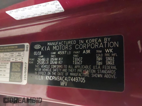 2018 Kia Sportage LX with VIN KNDPM3AC4J7449705, listed as a IAAI auction lot 41640305 with 74,292 mi miles and . Bid and sale history available at carsss.com. Image 9.