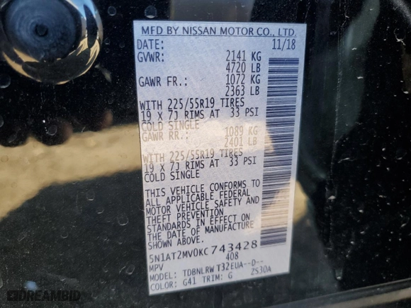 2019 Nissan Rogue SV with VIN 5N1AT2MV0KC743428, listed as a Copart auction lot 46267955 with 77,740 mi miles and Salvage Title. Bid and sale history available at carsss.com. Image 13.