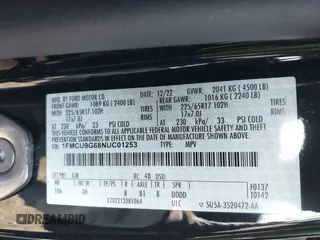 2022 Ford Escape SE with VIN 1FMCU9G68NUC01253, listed as a IAAI auction lot 42093688 with 13,379 mi miles and . Bid and sale history available at DreamBid. Image 9.