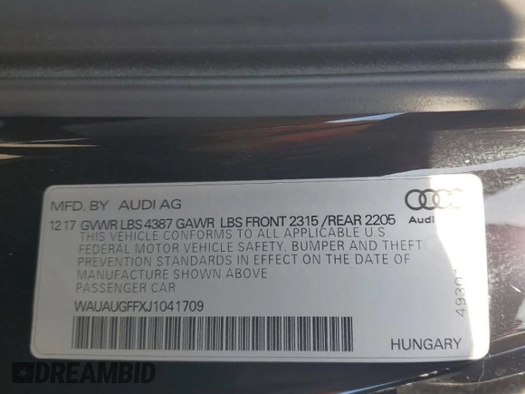 2018 Audi A3 Sedan Premium with VIN WAUAUGFFXJ1041709, listed as a Copart auction lot 52423645 with 100,440 mi miles and Salvage Title. Bid and sale history available at carsss.com. Image 15.