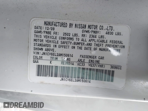 2010 Infiniti G37 x with VIN JN1CV6EL2AM150614, listed as a IAAI auction lot 41853853 with 208,852 mi miles and . Bid and sale history available at carsss.com. Image 9.