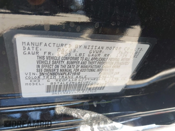 2023 Nissan Versa S z VIN 3N1CN8DV4PL871910, wystawiony jako IAAI lot #41993475 z przebiegiem 8 405 mil mil oraz . Historia ofert i sprzedaży dostępna na DreamBid. Obrazek 9.