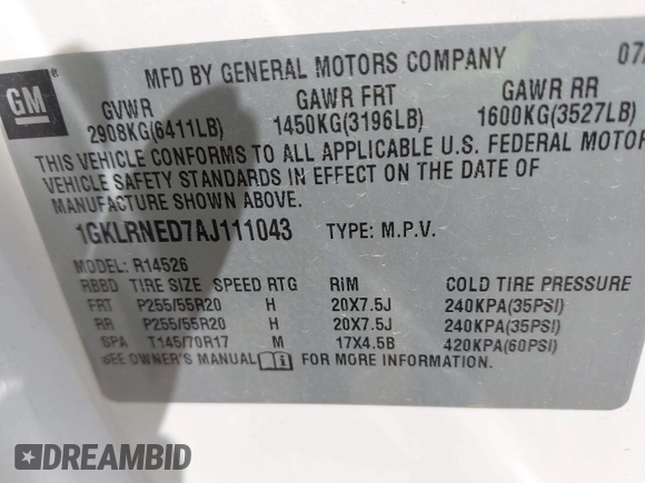 2010 GMC Acadia SLT2 z VIN 1GKLRNED7AJ111043, wystawiony jako IAAI lot #42311347 z przebiegiem 201 740 mil mil oraz . Historia ofert i sprzedaży dostępna na DreamBid. Obrazek 9.
