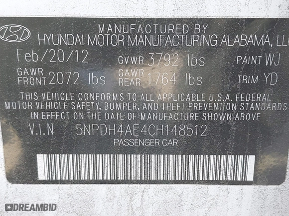 2012 Hyundai Elantra GLS with VIN 5NPDH4AE4CH148512, listed as a IAAI auction lot 41643341 with 59,549 mi miles. Bid and sale history available at carsss.com. Image 9.